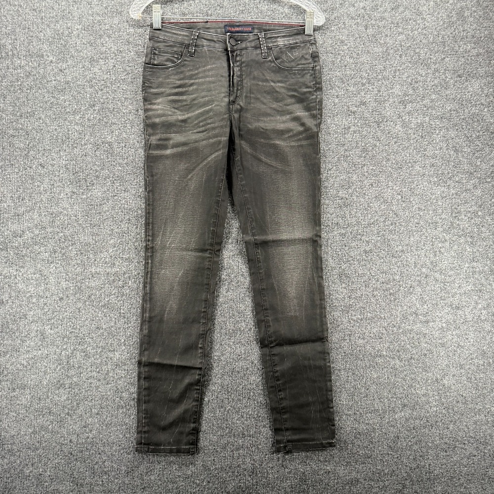 Trussardi Jeans Womens 26 Black‎ Wash Waxed Skinny Mid Rise Causal Biker Gothic